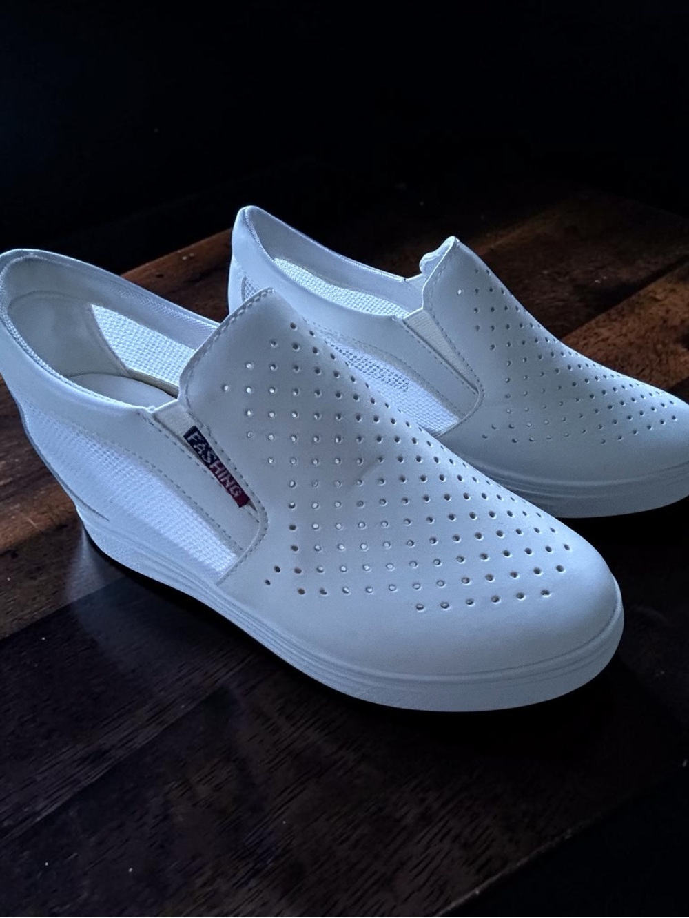 White Slip-On Perforated Wedge Sneakers